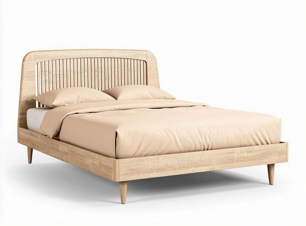 Lit en bois avec tête de lit à lattes pour chambre à coucher - 200 x 160 x 30cm